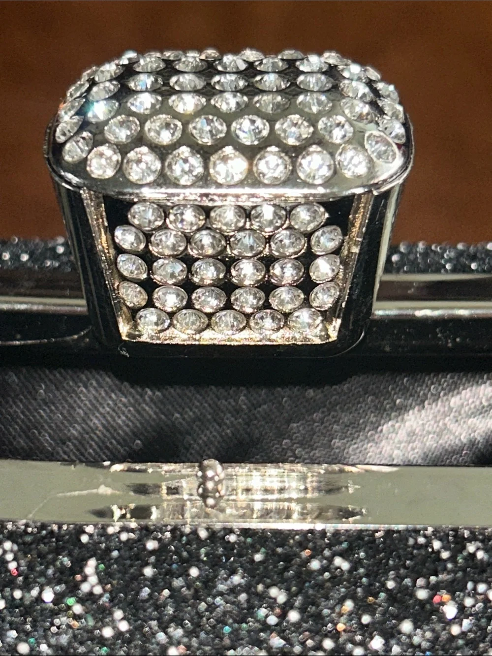 Black Glitter Rhinestone Evening Clutch with Silver Chain